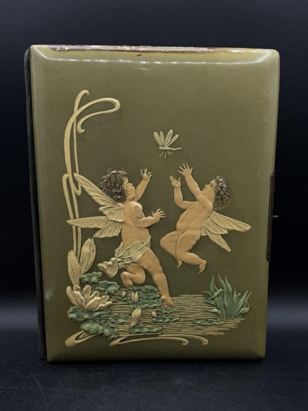 Victorian Green Celluloid Cherubs Dragonfly Photo Album Antique No Latch READ